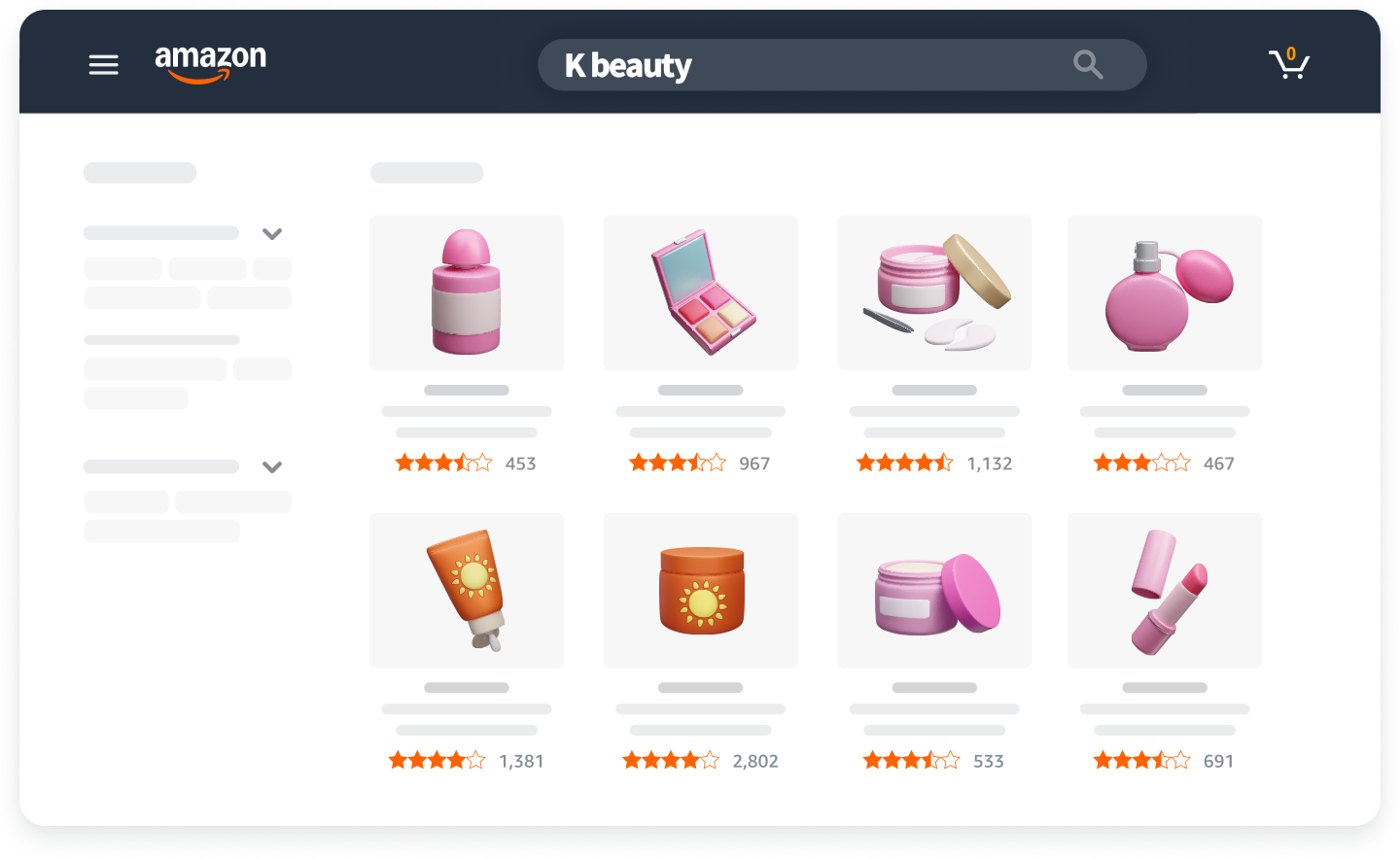 아마존 리테일 사이트에 한국 화장품(K beauty)를 검색한 모습의 일러스트